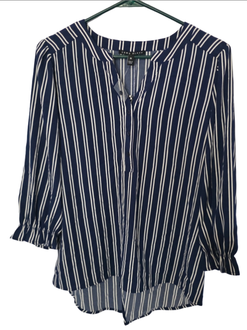Women's Como Black Striped Blouse Size M Blue White coastal casual trendy